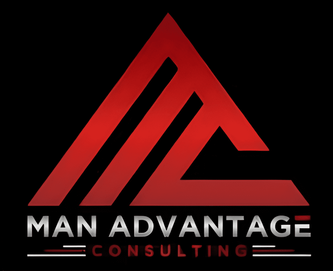 Logo of Man Advantage Consulting with red and black geometric design.