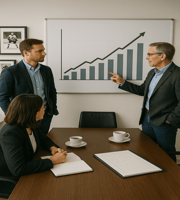 Business meeting discussing a positive performance chart.